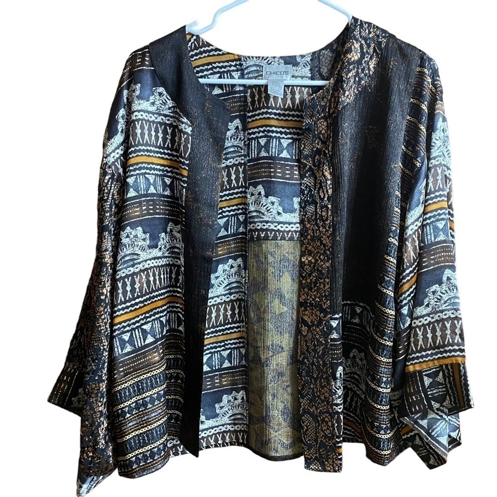 Chicos Silk Tribal Snakeskin Open Front Jacket Size 1 Medium